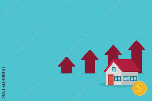 Arrows rise up above the house. The concept of growth in demand for real estate. Increase in the value of property, vector illustration 