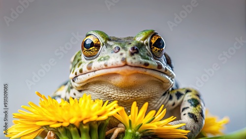 Macro shot of European green toad sitting under yellow flower on light gray background, European green toad