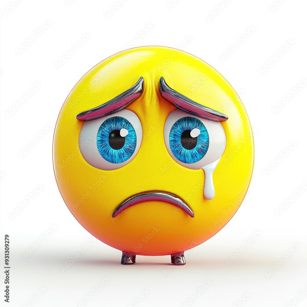 A sad yellow emoji with large blue eyes and a tear on a white background A sad yellow emoji with large blue eyes and a tear on a white background
