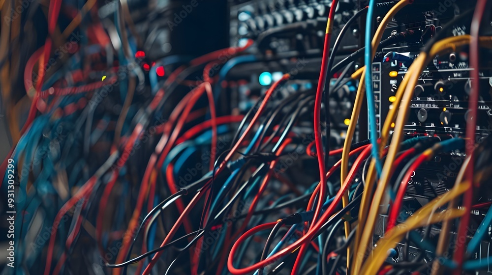A tangled network of audio cables that connect the equipment to it A tangled network of audio cables that connect the equipment to it