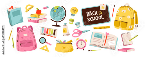 School supplies set. School and office set with books, pens and backpack and various stationery items. Flat vector illustration