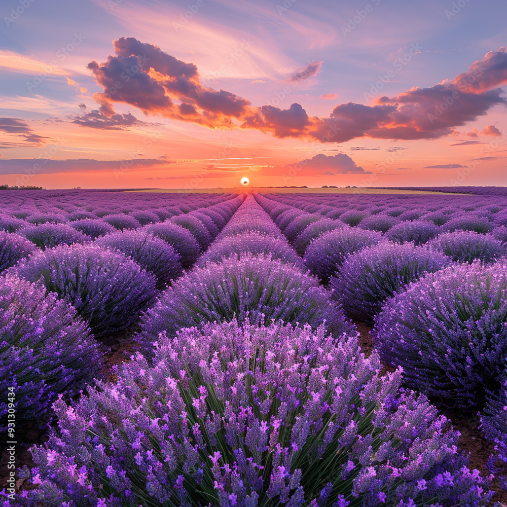 Fototapeta premium Field Lavender Wit Serene Under Sky Sunset Pastel
