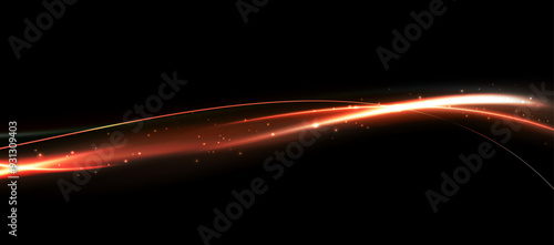 Futuristic light trail lines. Abstract glowing dynamic streak light trail lines. Light trail wave, fire path trace line on black background. Fire trail line and glowing lines of speed. Vector EPS10.