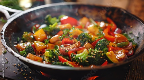 Colorful vegetable stir-fry in a sizzling pan with fresh greens, peppers, and sesame seeds, capturing the essence of healthy Asian cuisine.