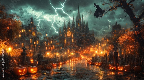 Gothic cathedral with jack-o'-lanterns and lightning