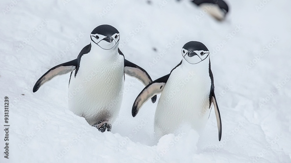 Obraz premium Two Chinstrap Penguins walk across snow covered ground in Antarctica, one looking at the camera, the other looking off to the side.