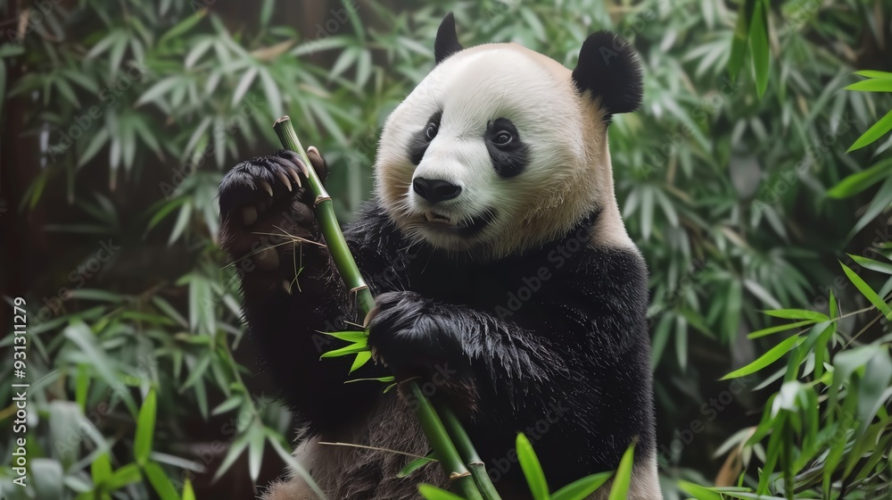Obraz premium A playful panda munching on bamboo surrounded by lush greenery, showcasing the charm of wildlife in its natural habitat.