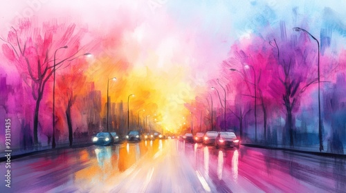 A painting of a city street with cars driving down it, AI