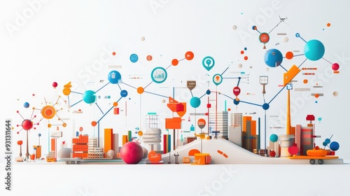 Detailed 3D illustration of a growing graph with trade and merchandise symbols on a clean white background