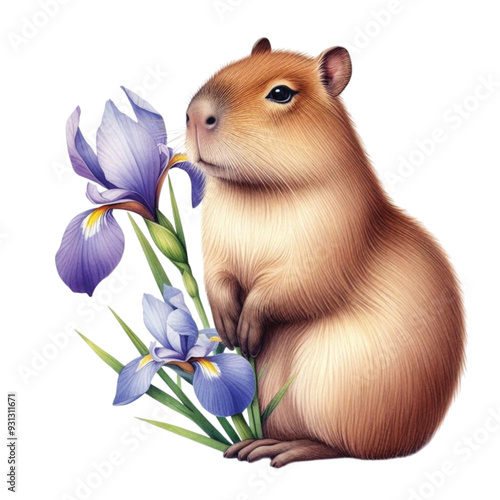 capybara sitting on an orchid  flower clip art watercolor 