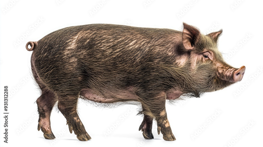 A brown and pink pig with a curly tail stands on a white background. A brown and pink pig with a curly tail stands on a white background.
