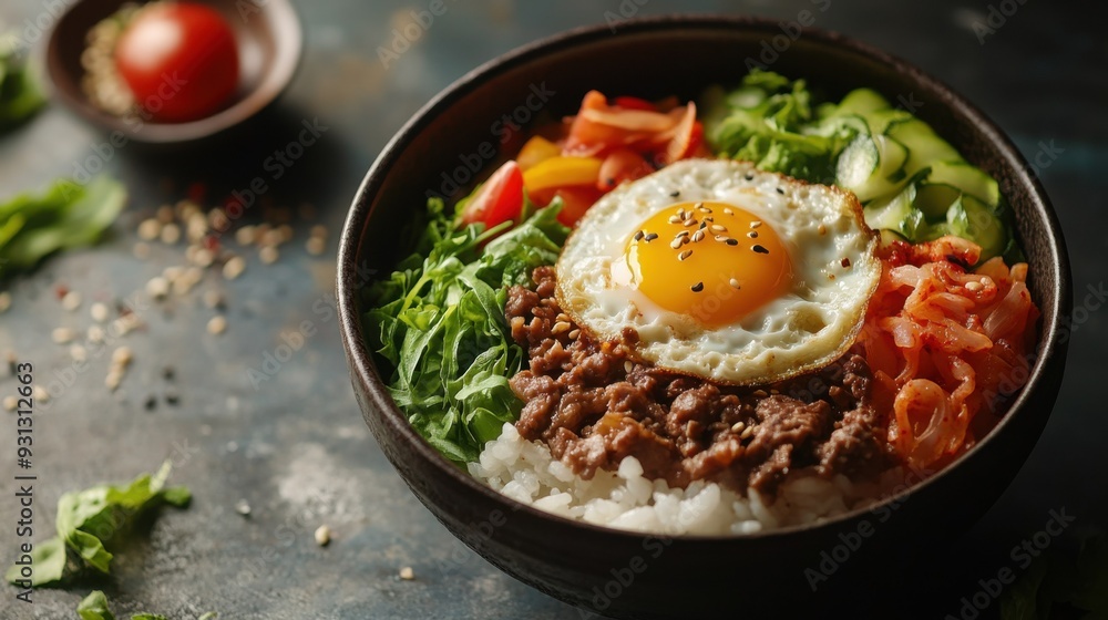 Delicious and Nutritious Korean Rice Bowl with Fried Egg and Fresh Vegetables Delicious and Nutritious Korean Rice Bowl with Fried Egg and Fresh Vegetables