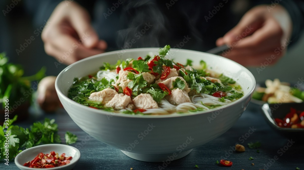 Delicious Chicken Noodle Soup with Fresh Herbs and Spicy Garnish Delicious Chicken Noodle Soup with Fresh Herbs and Spicy Garnish