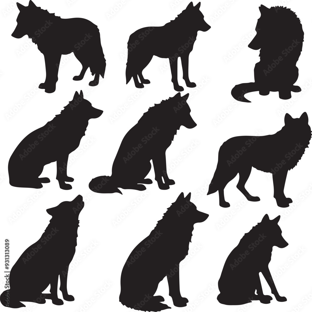 Fototapeta premium A collection of 9 wolf silhouettes in different positions, including sitting, standing, and running, arranged in a 3 by 3 grid on a plain white background