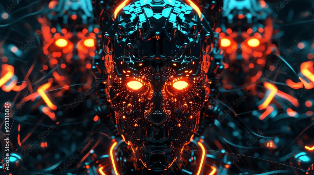 Futuristic robotic face with glowing eyes. Digital technology concept showcasing advanced artificial intelligence and neural networks. Futuristic robotic face with glowing eyes. Digital technology concept showcasing advanced artificial intelligence and neural networks.