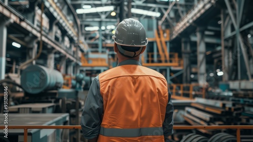 A factory worker man wearing an orange work vest and grey safety helmet, standing back view in a factory.