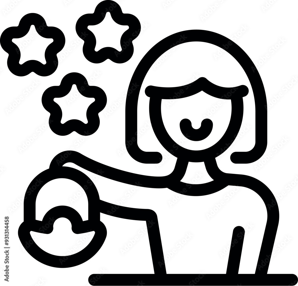 Line art icon of a happy woman holding a donation box surrounded by stars Line art icon of a happy woman holding a donation box surrounded by stars