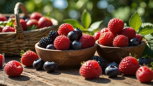 a bowl of raspberries and blackberries sits on a wooden table.