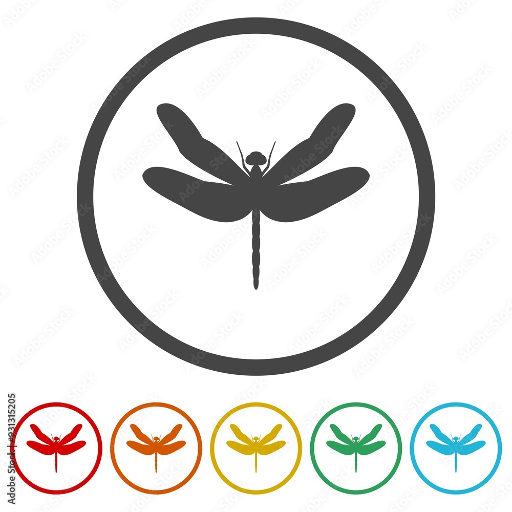 Beautiful icon dragonfly. Set icons in color circle buttons Beautiful icon dragonfly. Set icons in color circle buttons