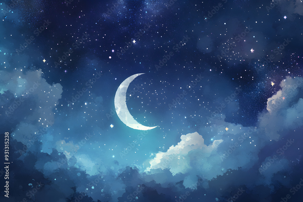Dreamy Night Sky with Crescent Moon and Stars Dreamy Night Sky with Crescent Moon and Stars