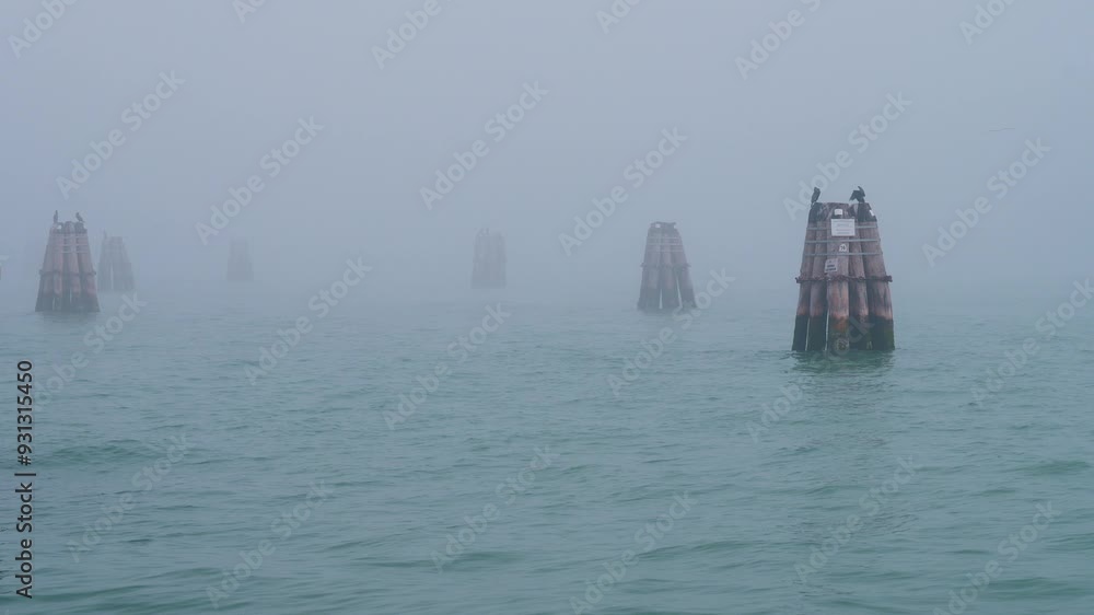 The Venice lagoon landscape on a day of thick winter fog with the typical 'briccole,' wooden posts rising from the water, where black cormorants nest. The Venice lagoon landscape on a day of thick winter fog with the typical 'briccole,' wooden posts rising from the water, where black cormorants nest.