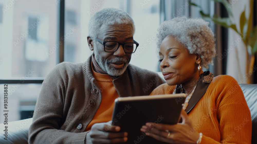 Senior man and woman using a tablet to plan their next vacation, excitedly exploring Senior man and woman using a tablet to plan their next vacation, excitedly exploring