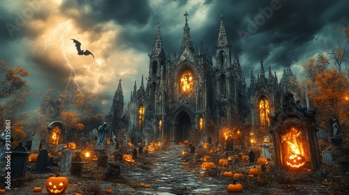 Gothic cathedral with jack-o'-lanterns and lightning