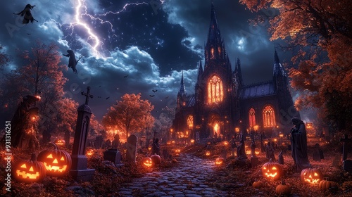 Gothic cathedral with jack-o'-lanterns and lightning