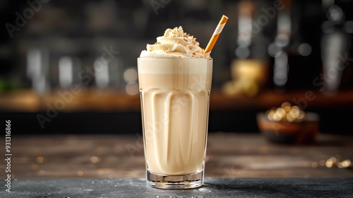 Delicious vanilla milkshake topped with whipped cream and a straw, served in a tall glass on a rustic table.