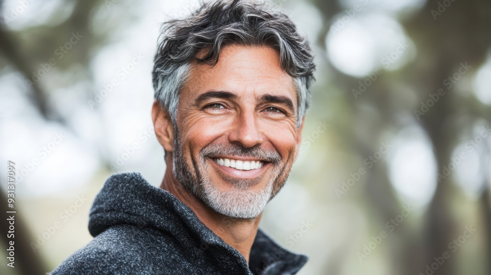 Smiling Mature Man with Grey Hair Enjoying Outdoors Smiling Mature Man with Grey Hair Enjoying Outdoors