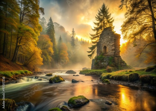 ancientstones historicallandmark mysticalforest eeriefog mistyriverbank grandeur warmgoldenlight mysticalatmosphere photo