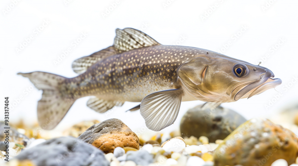 Naklejka premium A cod swimming underwater in a river, surrounded by rocks and a sandy bottom, with a focus on the details of its fins and body