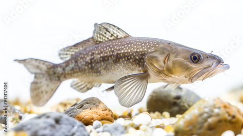 A cod swimming underwater in a river, surrounded by rocks and a sandy bottom, with a focus on the details of its fins and body