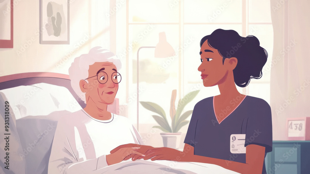 Obraz premium Senior woman resting in bed with a nurse by her side, the nurse providing comforting care.