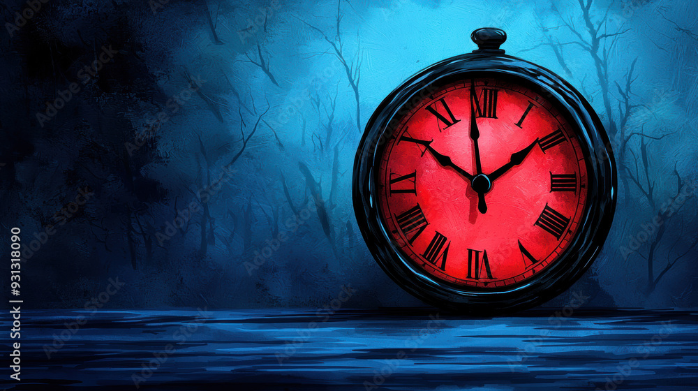 custom made wallpaper toronto digitalVintage red alarm clock in a dark, eerie forest background, emphasizing time and mystery in a surreal, fantasy setting.