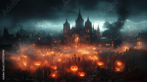 Gothic cathedral with jack-o'-lanterns and lightning