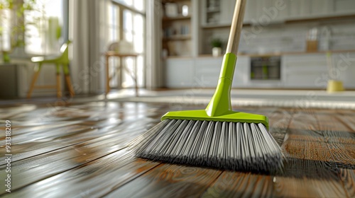 Wallpaper Mural A broom sweeping the wooden floor in a modern, well-lit home with a clean and organized kitchen in the background. Torontodigital.ca