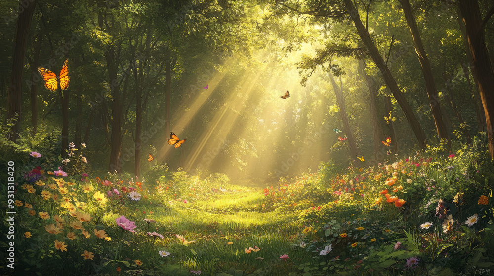 Sunlit forest clearing in spring or summer, filled with wildflowers and butterflies. --ar 16:9 --v 6.1 Job ID: b18f99bc-2dc6-445d-a137-109e8bd097a6 Sunlit forest clearing in spring or summer, filled with wildflowers and butterflies. --ar 16:9 --v 6.1 Job ID: b18f99bc-2dc6-445d-a137-109e8bd097a6