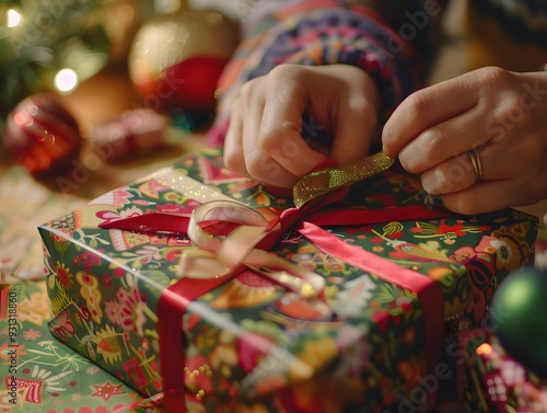 Wrapping a Festive Christmas Gift with Red Ribbon photo