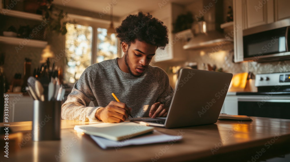 Serious student taking an online class, writing notes in a notebook, using a laptop at the Serious student taking an online class, writing notes in a notebook, using a laptop at the