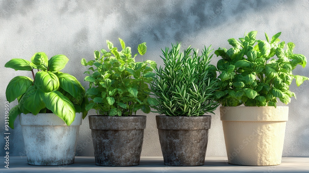 A collection of fresh herbs in rustic pots against a textured background, perfect for cooking or home decor. A collection of fresh herbs in rustic pots against a textured background, perfect for cooking or home decor.