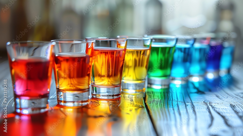 Colorful rainbow shots in a row on a wooden table at a bar. Vibrant alcoholic beverages in glassware. Social atmosphere, festive mood. Colorful rainbow shots in a row on a wooden table at a bar. Vibrant alcoholic beverages in glassware. Social atmosphere, festive mood.