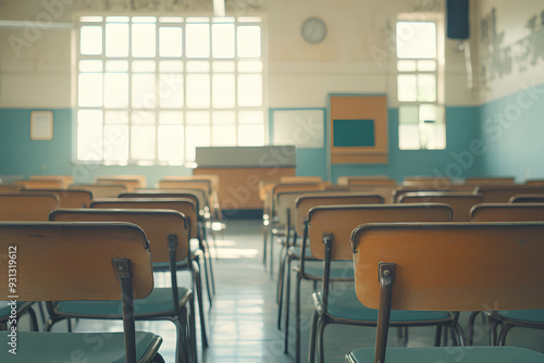 empty classroom  back to school concept  in high school  antique wooden lecture chairs and desks in classroom interior