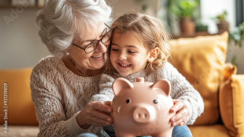 Senior woman teaching her granddaughter the importance of saving money, both sitting