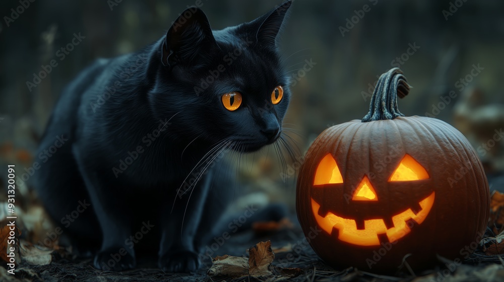 Black cat with yellow eyes next to a carved pumpkin, Halloween background. Black cat with yellow eyes next to a carved pumpkin, Halloween background.
