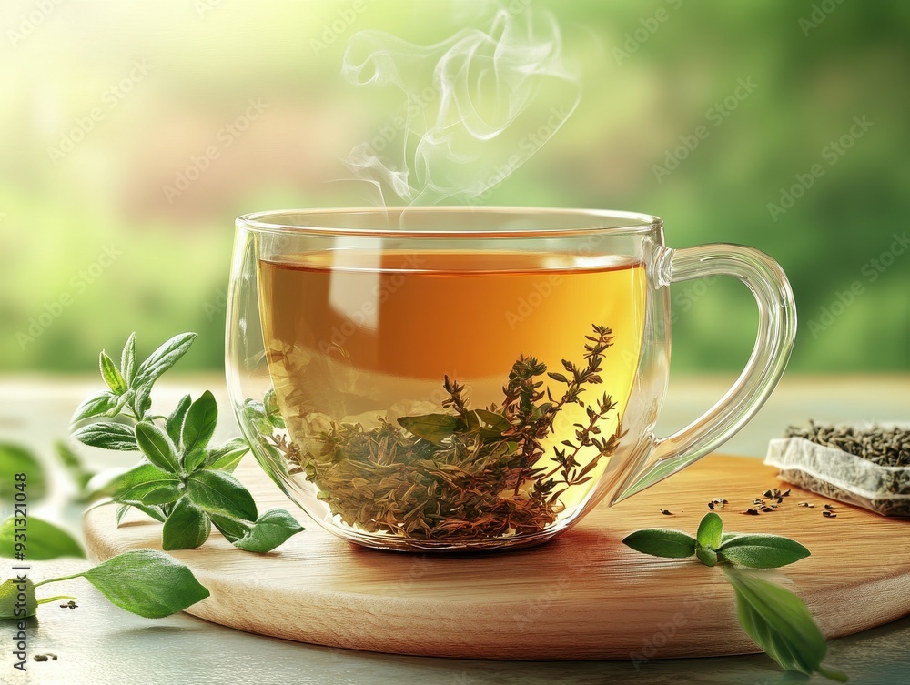 A steaming cup of herbal tea with fresh herbs in a clear glass, resting on a wooden surface, surrounded by green foliage. A steaming cup of herbal tea with fresh herbs in a clear glass, resting on a wooden surface, surrounded by green foliage.
