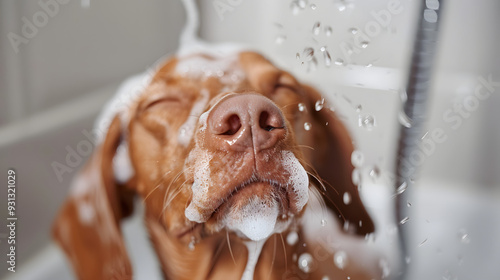 A brown dog with closed eyes enjoys a soothing bath, covered in suds as water sprinkles down. The image captures the peaceful and content moment of a pet during grooming. photo