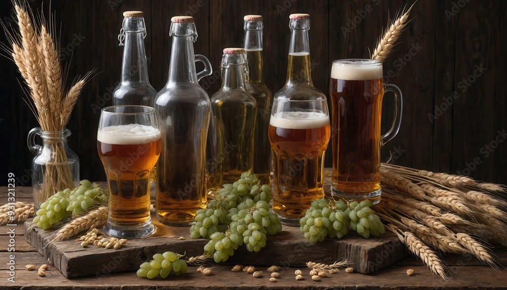 A rustic arrangement of craft beers in bottles and glasses, accompanied by grapes and wheat. Perfect for brewery promotions, bar menus, or beverage marketing. A rustic arrangement of craft beers in bottles and glasses, accompanied by grapes and wheat. Perfect for brewery promotions, bar menus, or beverage marketing.