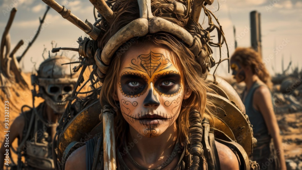 Fierce woman in post-apocalyptic wasteland with Día de los Muertos face paint and tribal headgear made of bones and branches standing with a group of similarly adorned individuals in a desolate desert Fierce woman in post-apocalyptic wasteland with Día de los Muertos face paint and tribal headgear made of bones and branches standing with a group of similarly adorned individuals in a desolate desert
