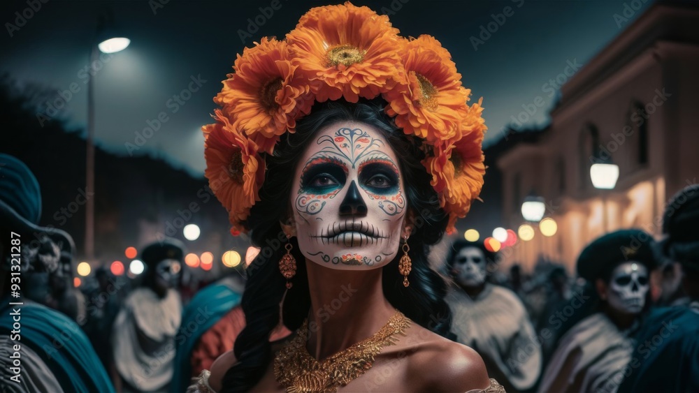 Obraz premium A striking photograph of a woman beautifully adorned with Day of the Dead face paint and orange flower crown, captured at night during a cultural festival, representing tradition and celebration